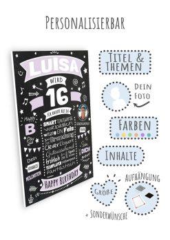 Meilensteintafel Chalkboard Geschenk 16. Geburtstag Personalisiert Geburtstagsposter Teenager Mädchen Junge Retro Classic08