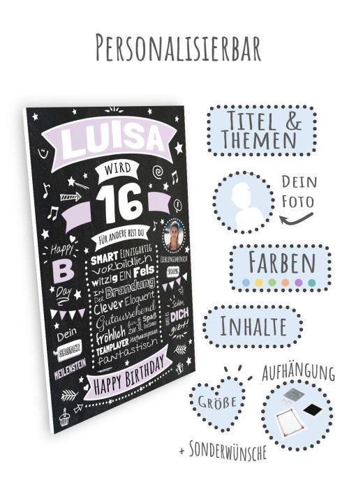 Meilensteintafel Chalkboard Geschenk 16. Geburtstag Personalisiert Geburtstagsposter Teenager Mädchen Junge Retro Classic08