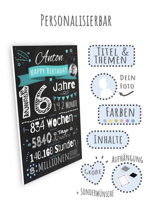 Meilensteintafel Chalkboard Geschenk 16. Geburtstag Personalisiert Junge Mädchen Geburtstagstafel Zahlenspaß (6)