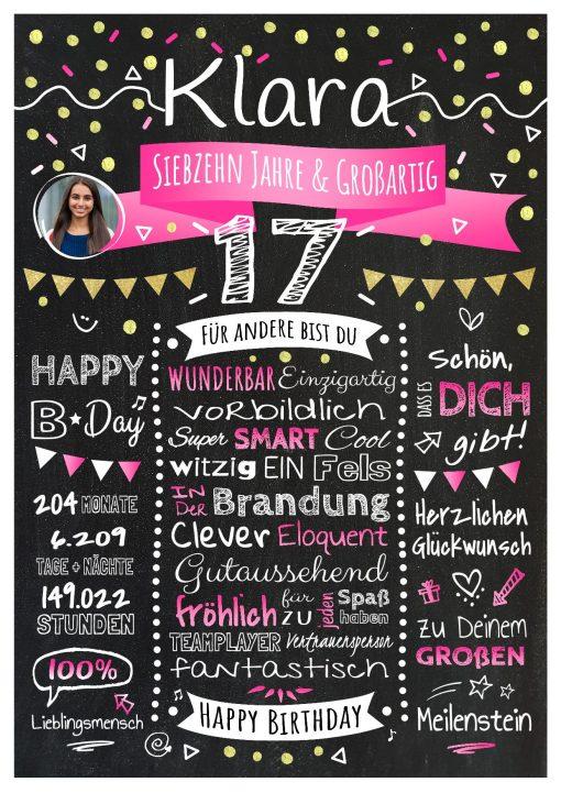 Meilensteintafel Chalkboard Geschenk 17. Geburtstag Personalisiert Geburtstagstafel Klassik Teenager Mädchen Junge Rosa