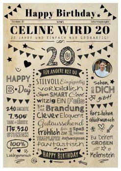 Meilensteintafel Chalkboard Geschenk 20. Geburtstag Zeitung Personalisiert Geburtstagstafel Mann Frau Klassik Hell