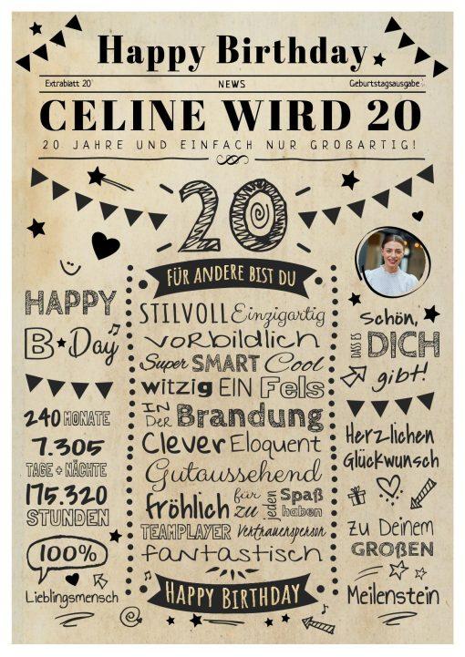 Meilensteintafel Chalkboard Geschenk 20. Geburtstag Zeitung Personalisiert Geburtstagstafel Mann Frau Klassik Hell