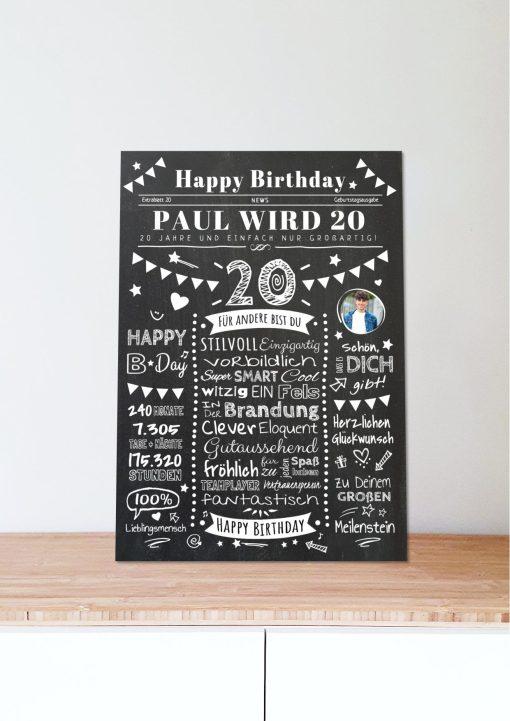 Meilensteintafel Chalkboard Geschenk 20. Geburtstag Zeitung Personalisiert Geburtstagstafel Mann Frau Klassik06