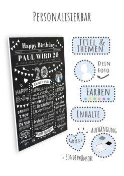 Meilensteintafel Chalkboard Geschenk 20. Geburtstag Zeitung Personalisiert Geburtstagstafel Mann Frau Klassik09