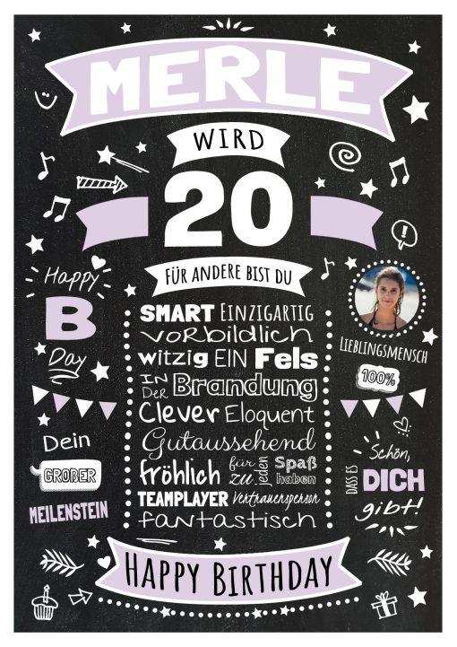 Meilensteintafel Chalkboard Geschenk 20. Geburtstag Personalisiert Geburtstagsposter Frau Mann Retro Classic Lila