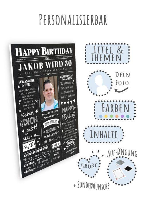 Meilensteintafel Chalkboard Geschenk 30. Geburtstag Zeitung Geburtstagsposter Jahrgangsposter Personalisiert Frau Mann Happy Birthday (9)