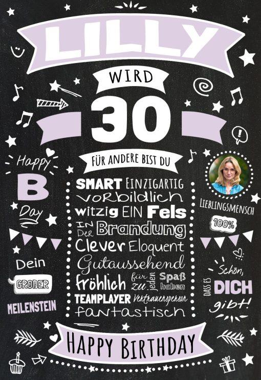Meilensteintafel Chalkboard Geschenk 30. Geburtstag Personalisiert Geburtstagsposter Frau Mann Retro Classic Lila