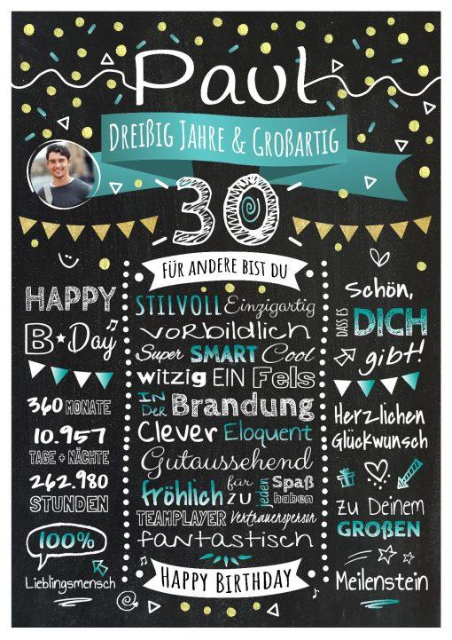 Meilensteintafel Chalkboard Geschenk 30. Geburtstag Personalisiert Geburtstagstafel Klassik Mann Frau Türkis