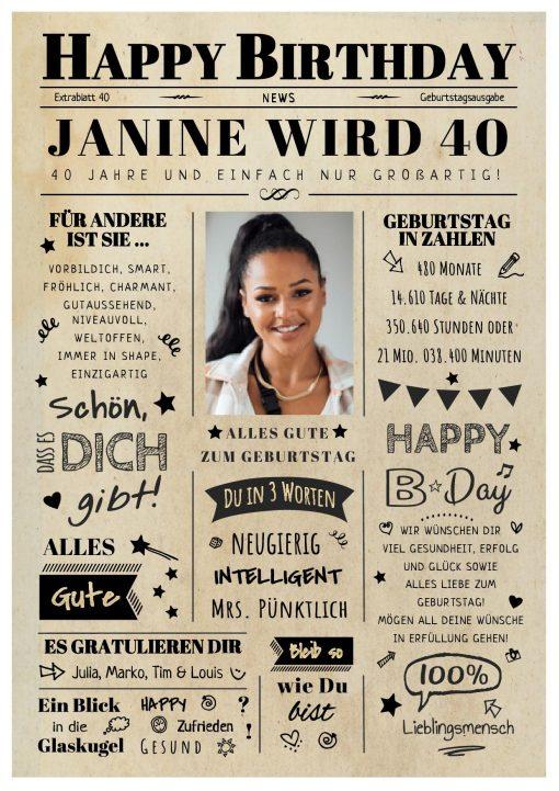 Meilensteintafel Chalkboard Geschenk 40. Geburtstag Zeitung Geburtstagsposter Jahrgangsposter Personalisiert Frau Mann Happy Birthday 1