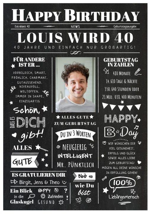 Meilensteintafel Chalkboard Geschenk 40. Geburtstag Zeitung Geburtstagsposter Jahrgangsposter Personalisiert Frau Mann Happy Birthday