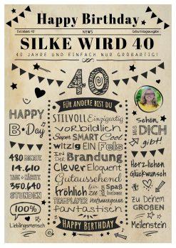 Meilensteintafel Chalkboard Geschenk 40. Geburtstag Zeitung Personalisiert Geburtstagstafel Mann Frau Klassik Hell