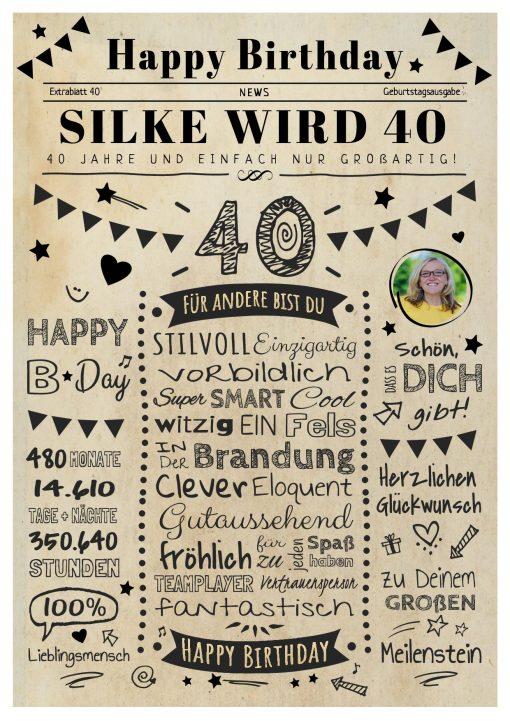 Meilensteintafel Chalkboard Geschenk 40. Geburtstag Zeitung Personalisiert Geburtstagstafel Mann Frau Klassik Hell