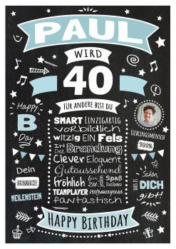 Meilensteintafel Chalkboard Geschenk 40. Geburtstag Personalisiert Geburtstagsposter Frau Mann Retro Classic Blau