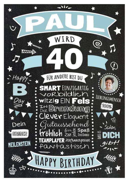 Meilensteintafel Chalkboard Geschenk 40. Geburtstag Personalisiert Geburtstagsposter Frau Mann Retro Classic Blau