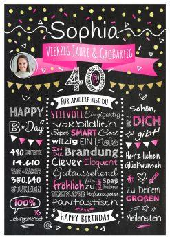 Meilensteintafel Chalkboard Geschenk 40. Geburtstag Personalisiert Geburtstagstafel Klassik Mann Frau Rosa