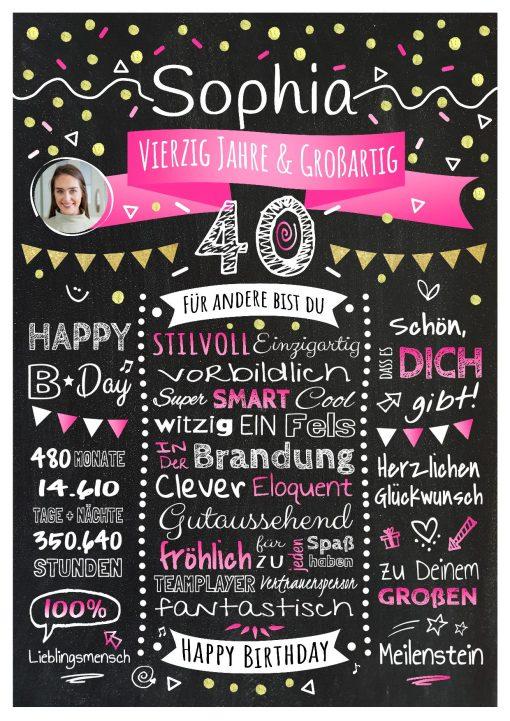 Meilensteintafel Chalkboard Geschenk 40. Geburtstag Personalisiert Geburtstagstafel Klassik Mann Frau Rosa