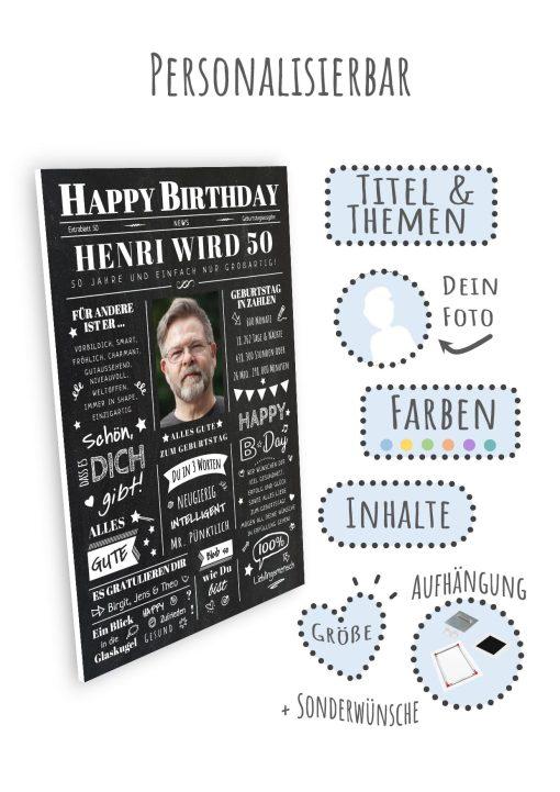 Meilensteintafel Chalkboard Geschenk 50. Geburtstag Zeitung Geburtstagsposter Jahrgangsposter Personalisiert Frau Mann Happy Birthday (8)