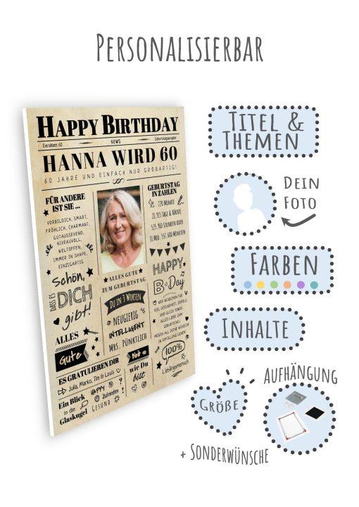 Meilensteintafel Chalkboard Geschenk 60. Geburtstag Zeitung Geburtstagsposter Jahrgangsposter Personalisiert Frau Mann Happy Birthday (9)