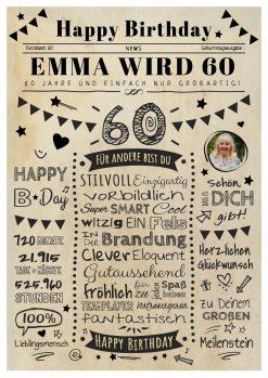 Meilensteintafel Chalkboard Geschenk 60. Geburtstag Zeitung Personalisiert Geburtstagstafel Mann Frau Klassik Hell