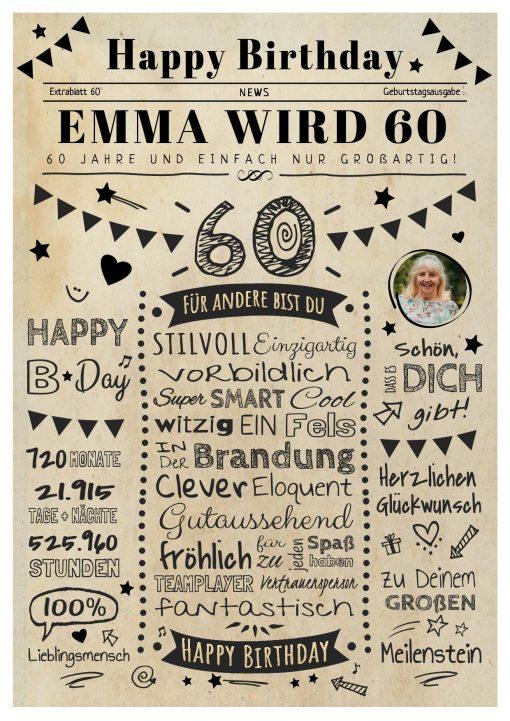 Meilensteintafel Chalkboard Geschenk 60. Geburtstag Zeitung Personalisiert Geburtstagstafel Mann Frau Klassik Hell