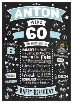 Meilensteintafel Chalkboard Geschenk 60. Geburtstag Personalisiert Geburtstagsposter Frau Mann Retro Classic Blau