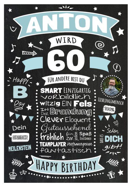 Meilensteintafel Chalkboard Geschenk 60. Geburtstag Personalisiert Geburtstagsposter Frau Mann Retro Classic Blau