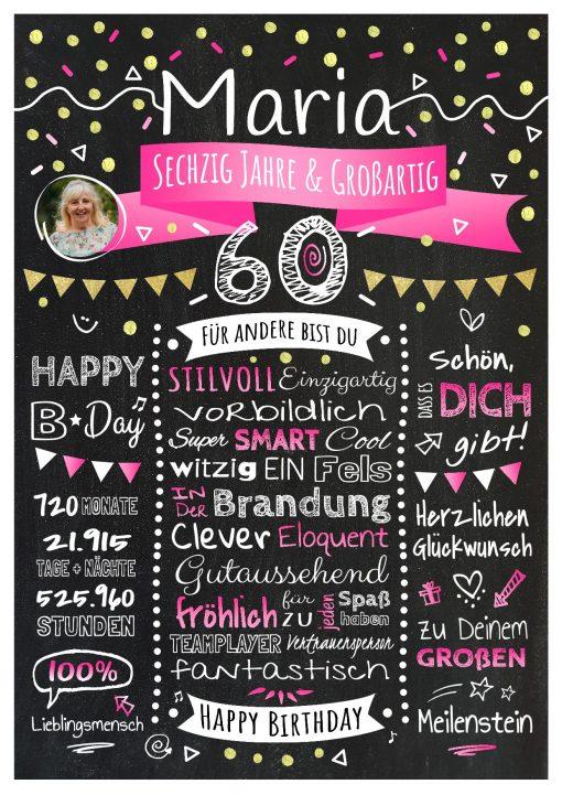 Meilensteintafel Chalkboard Geschenk 60. Geburtstag Personalisiert Geburtstagstafel Klassik Mann Frau Rosa