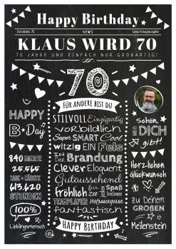 Meilensteintafel Chalkboard Geschenk 70. Geburtstag Zeitung Personalisiert Geburtstagstafel Mann Frau Klassik Chalk