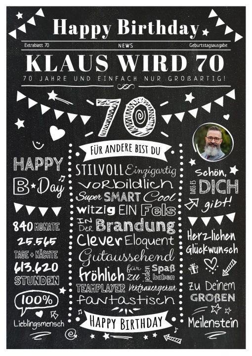 Meilensteintafel Chalkboard Geschenk 70. Geburtstag Zeitung Personalisiert Geburtstagstafel Mann Frau Klassik Chalk
