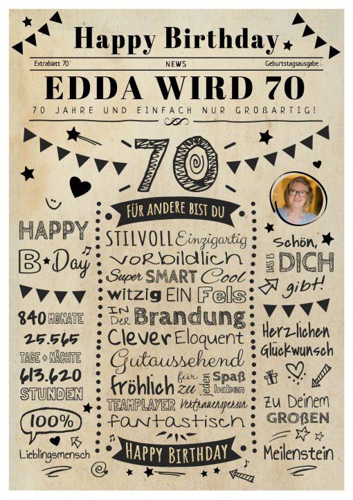 Meilensteintafel Chalkboard Geschenk 70. Geburtstag Zeitung Personalisiert Geburtstagstafel Mann Frau Klassik Hell