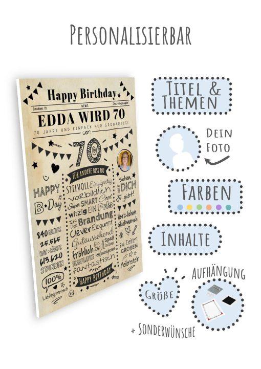 Meilensteintafel Chalkboard Geschenk 70. Geburtstag Zeitung Personalisiert Geburtstagstafel Mann Frau Klassik09