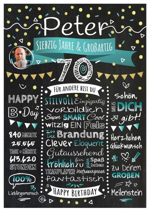 Meilensteintafel Chalkboard Geschenk 70. Geburtstag Personalisiert Geburtstagstafel Klassik Mann Frau Türkis