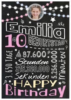 Meilensteintafel Chalkboard Geschenk 10. Geburtstag Personalisiert Geburtstagstafel Retro Colors Mädchen Junge Rosa