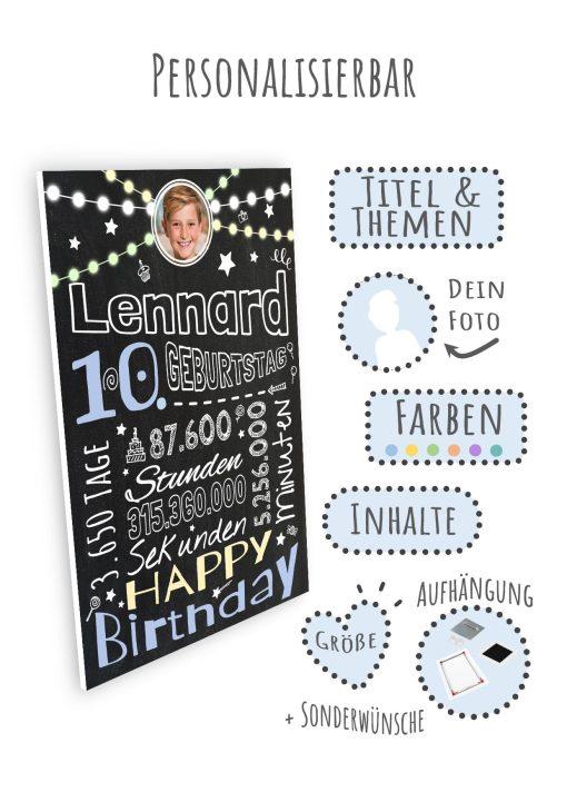 Meilensteintafel Chalkboard Geschenk 10. Geburtstag Personalisiert Geburtstagstafel Retro Colors Mädchen Junge Rosa Blau08