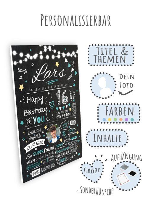 Meilensteintafel Chalkboard Geschenk 16. Geburtstag Personalisiert Geburtstagstafel Junge Mädchen Chalk O Classic08