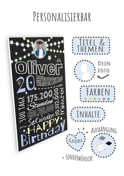 Meilensteintafel Chalkboard Geschenk 20. Geburtstag Frau Mann Personalisiert Geburtstagstafel Retro Colors09