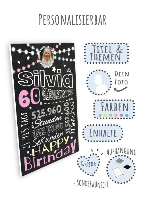Meilensteintafel Chalkboard Geschenk 60. Geburtstag Frau Mann Personalisiert Geburtstagstafel Retro Colors Rosa Blau09