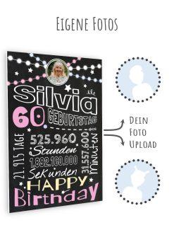 Meilensteintafel Chalkboard Geschenk 60. Geburtstag Frau Mann Personalisiert Geburtstagstafel Retro Colors Rosa Blau11