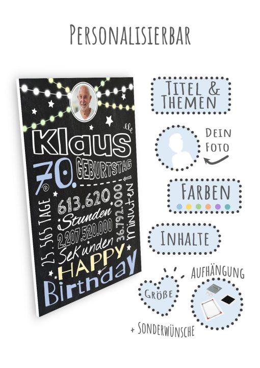 Meilensteintafel Chalkboard Geschenk 70. Geburtstag Frau Mann Personalisiert Geburtstagstafel Retro Colors Rosa Blau09