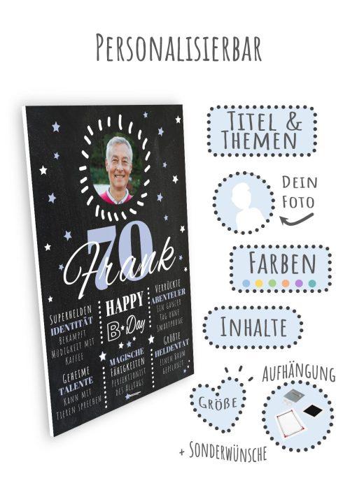 Meilensteintafel Chalkboard 70. Geburtstag Geschenk Personalisiert Geburtstagstafel Poster Frau Mann 1zigartig09
