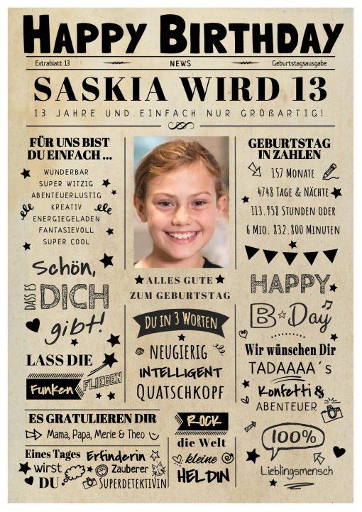 Meilensteintafel Chalkboard Geschenk 13. Geburtstag Zeitung Geburtstagsposter Personalisiert Mädchen Junge Happy News 2