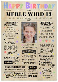 Meilensteintafel Chalkboard Geschenk 13. Geburtstag Zeitung Geburtstagsposter Personalisiert Mädchen Junge Happy News