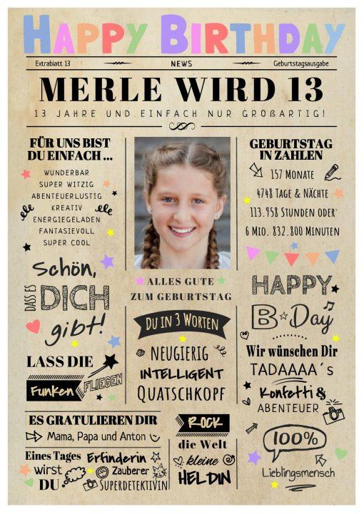Meilensteintafel Chalkboard Geschenk 13. Geburtstag Zeitung Geburtstagsposter Personalisiert Mädchen Junge Happy News