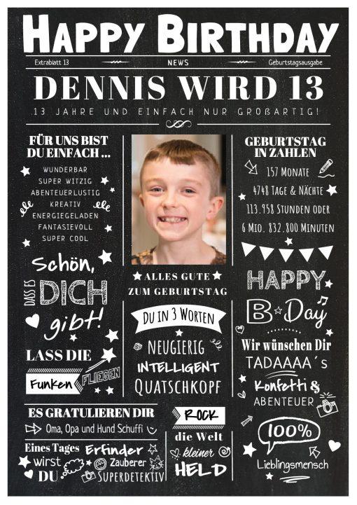 Meilensteintafel Chalkboard Geschenk 13. Geburtstag Zeitung Geburtstagsposter Personalisiert Mädchen Junge Happy News Chalk White
