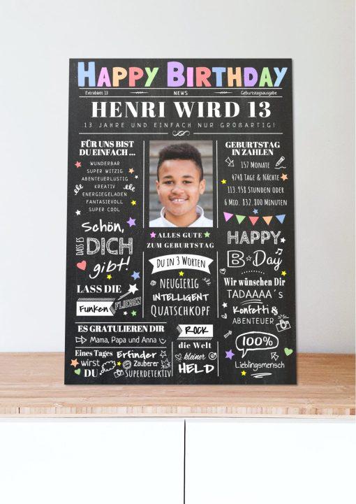 Meilensteintafel Chalkboard Geschenk 13. Geburtstag Zeitung Geburtstagsposter Personalisiert Teenager Mädchen Junge Happy News05