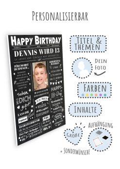 Meilensteintafel Chalkboard Geschenk 13. Geburtstag Zeitung Geburtstagsposter Personalisiert Teenager Mädchen Junge Happy News08