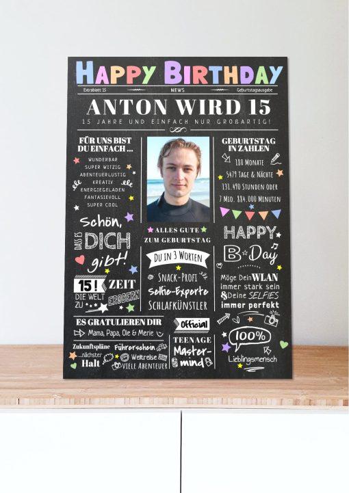Meilensteintafel Chalkboard Geschenk 15. Geburtstag Zeitung Geburtstagsposter Personalisiert Teenager Mädchen Junge Happy News 005
