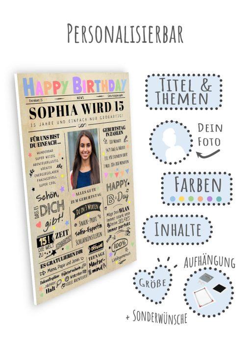 Meilensteintafel Chalkboard Geschenk 15. Geburtstag Zeitung Geburtstagsposter Personalisiert Teenager Mädchen Junge Happy News 008
