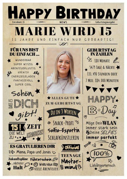Meilensteintafel Chalkboard Geschenk 15. Geburtstag Zeitung Geburtstagsposter Personalisiert Teenager Mädchen Junge Happy News 2