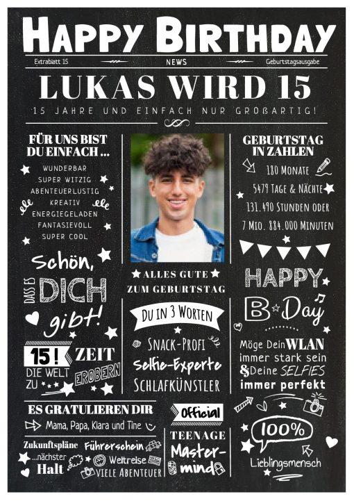 Meilensteintafel Chalkboard Geschenk 15. Geburtstag Zeitung Geburtstagsposter Personalisiert Teenager Mädchen Junge Happy News Chalk 2